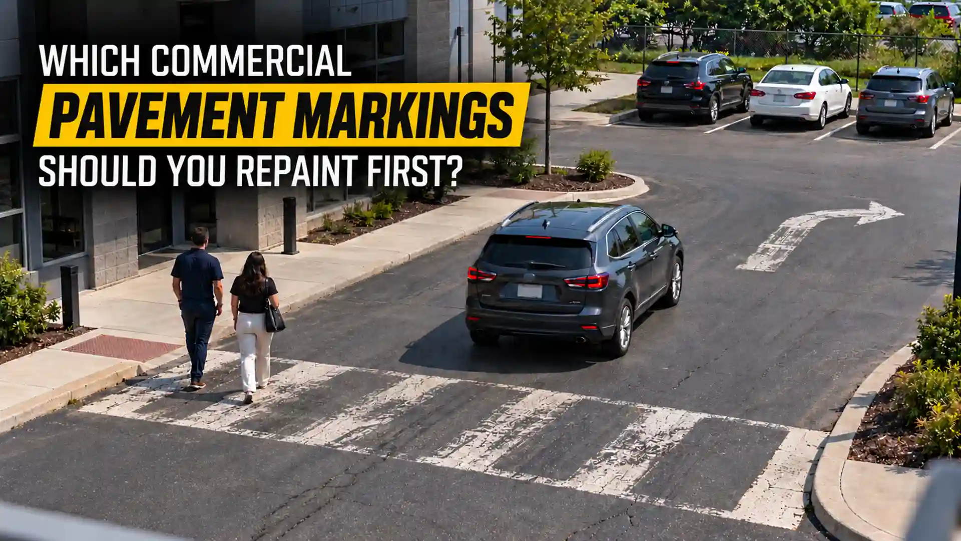 Commercial parking lot with faded pedestrian crosswalk, worn directional arrow, parked vehicles and pedestrians showing priority areas for Commercial Line Painting in Vaughan.