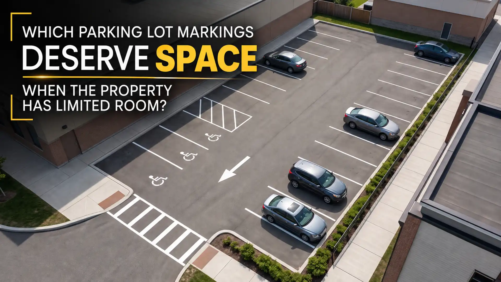 Aerial view of Commercial Parking Lot Striping in Cobourg showing parking stalls, accessible spaces, directional arrows, and pedestrian crossings
