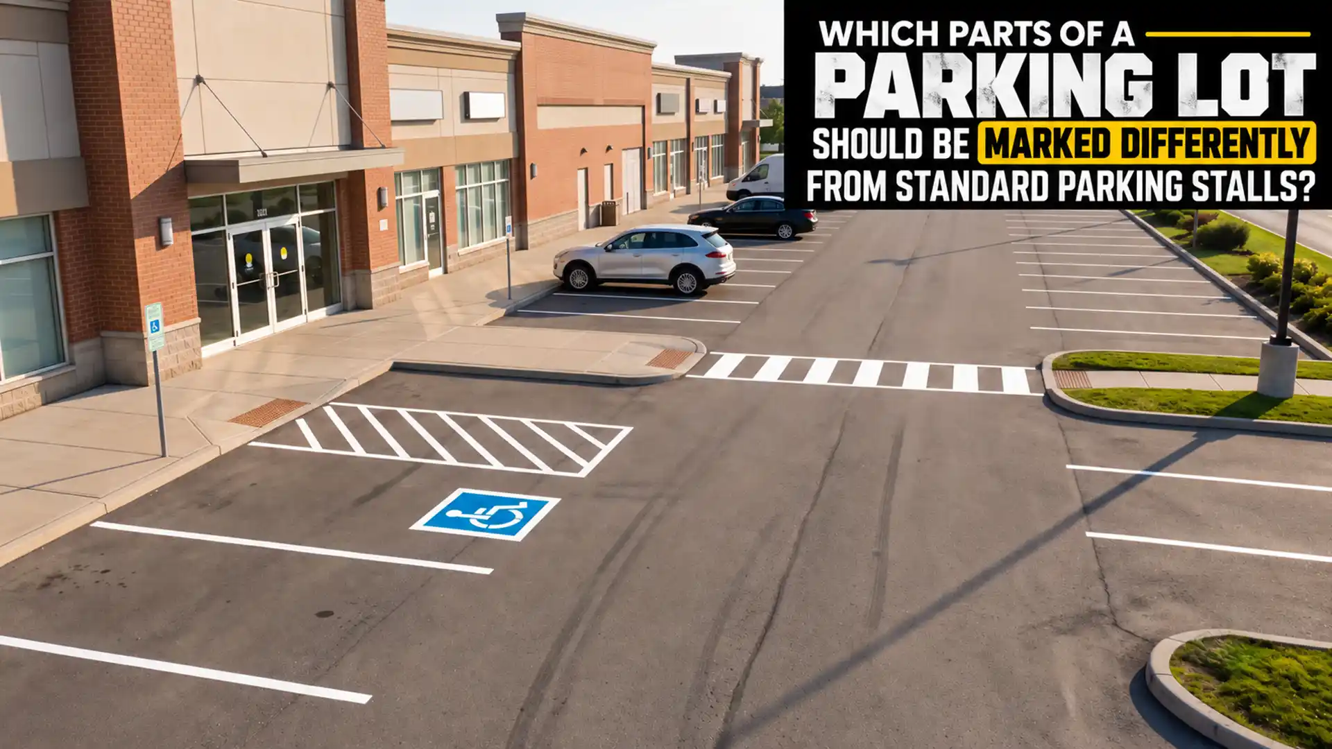 Best Parking Lot Painting in Toronto showing accessible parking symbols, striped access aisles, pedestrian crossings, and standard parking stalls at a commercial property