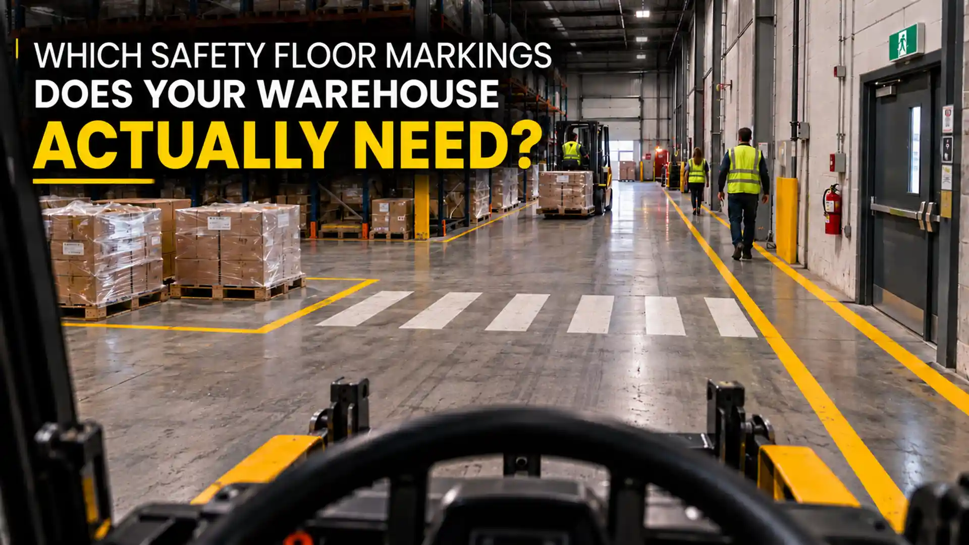 Warehouse Safety Markings in Aurora showing yellow pedestrian walkway boundaries, a white zebra crossing, forklift traffic lanes, and designated pallet storage areas inside a busy warehouse