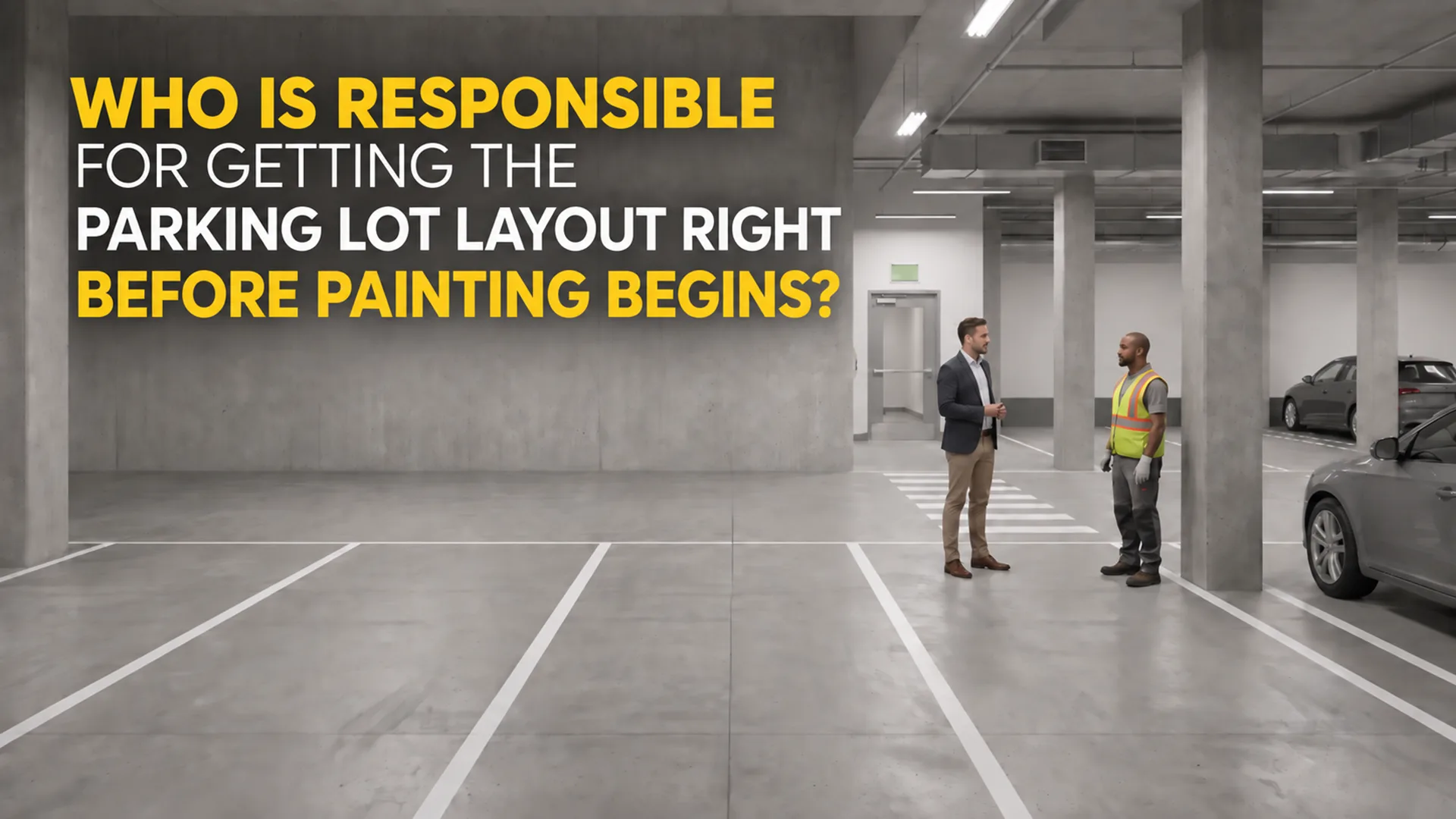 Parking Lot Line Painter reviewing an indoor parking layout with a property representative before final line painting begins