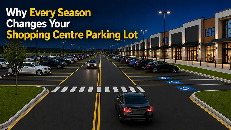 Professional Shopping Centre Line Painting with clearly marked parking bays, pedestrian crossings, accessible spaces, and traffic lanes.
