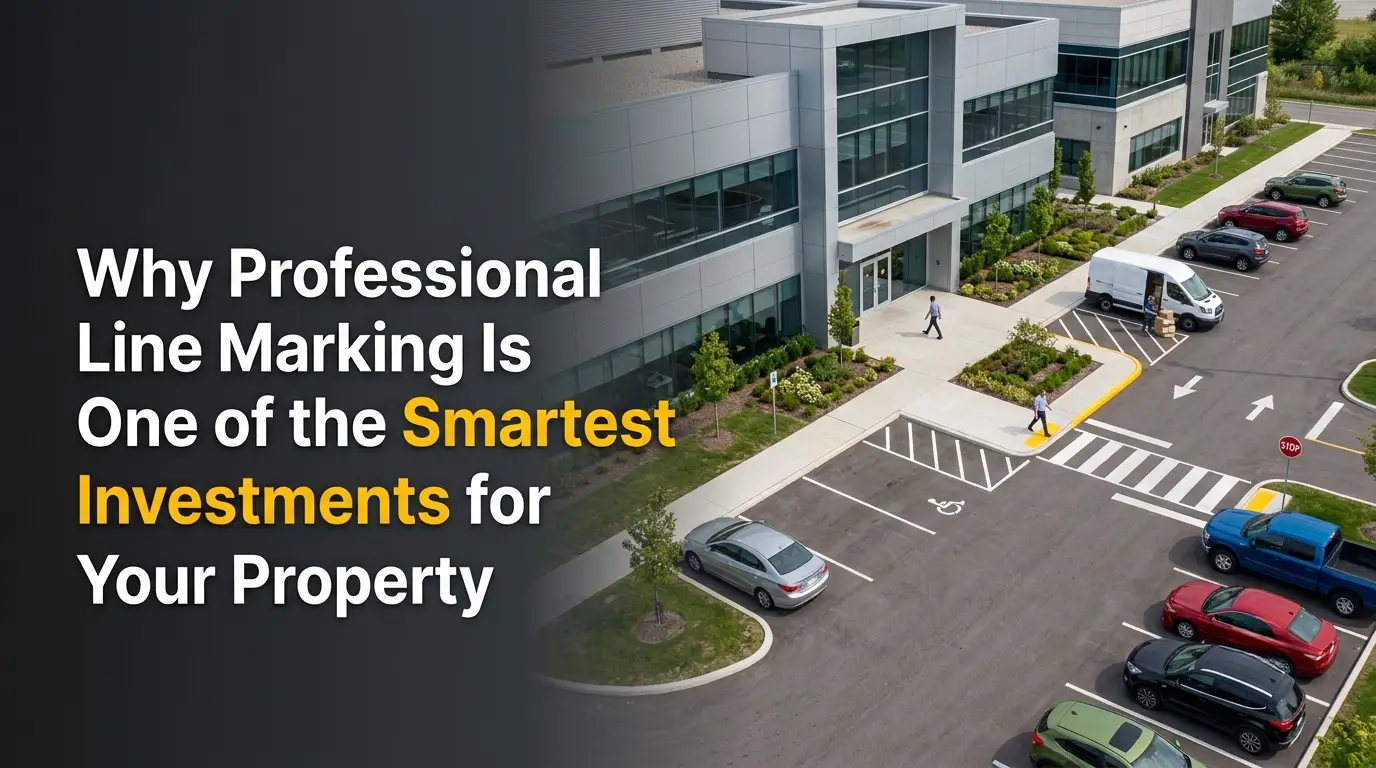 Professional Line Marking in Mississauga featuring clearly marked parking spaces, pedestrian crossings, accessible parking, and directional traffic markings for a commercial property.