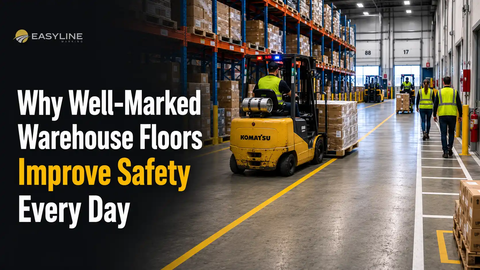 Professional Warehouse Safety Line Painting in Markham with clearly marked forklift lanes, pedestrian walkways, and traffic zones to improve workplace safety and operational efficiency.