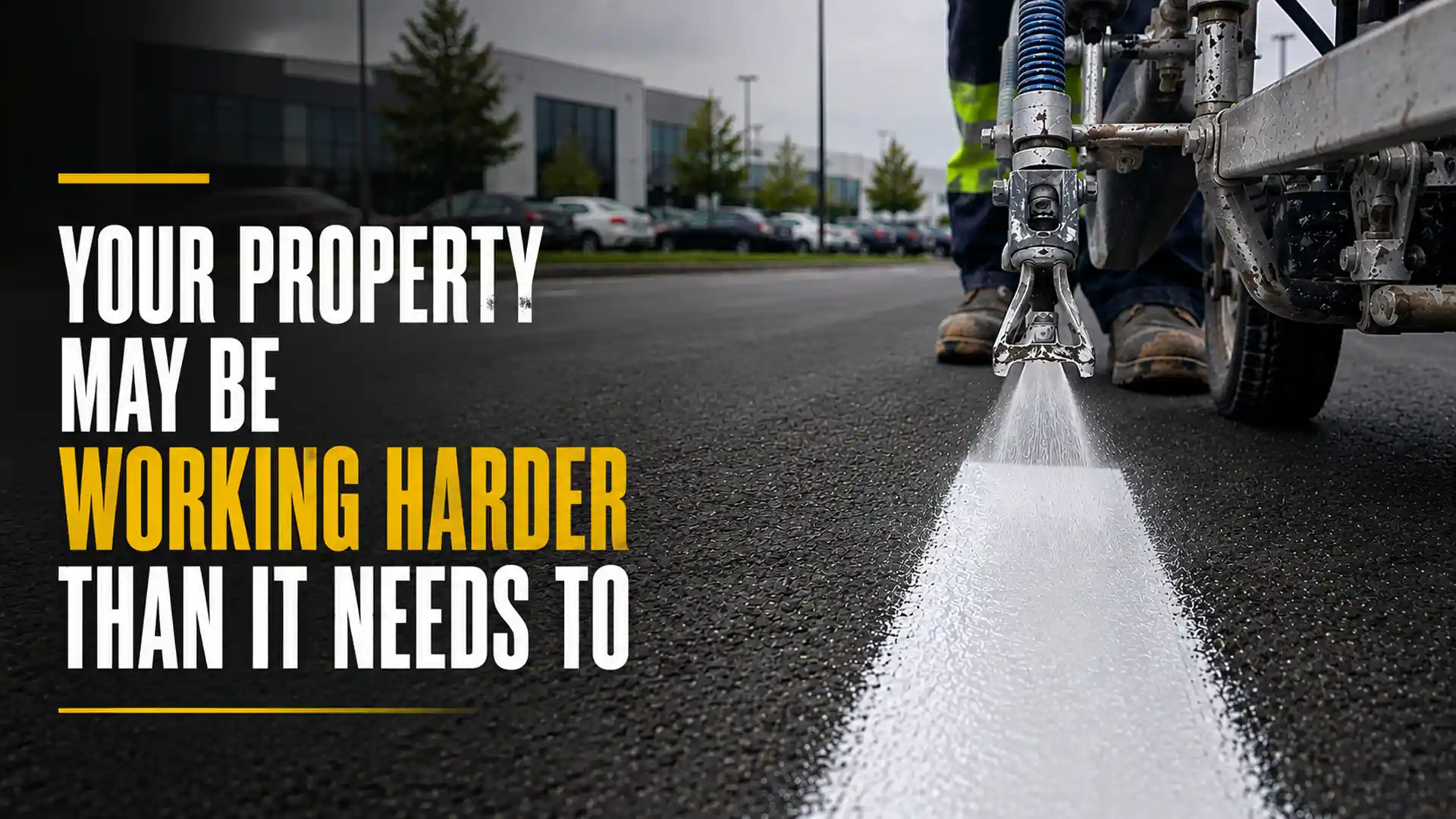 Commercial Pavement Marking in Pickering in progress as fresh white pavement lines are applied to improve traffic flow, parking organization, and pedestrian safety.