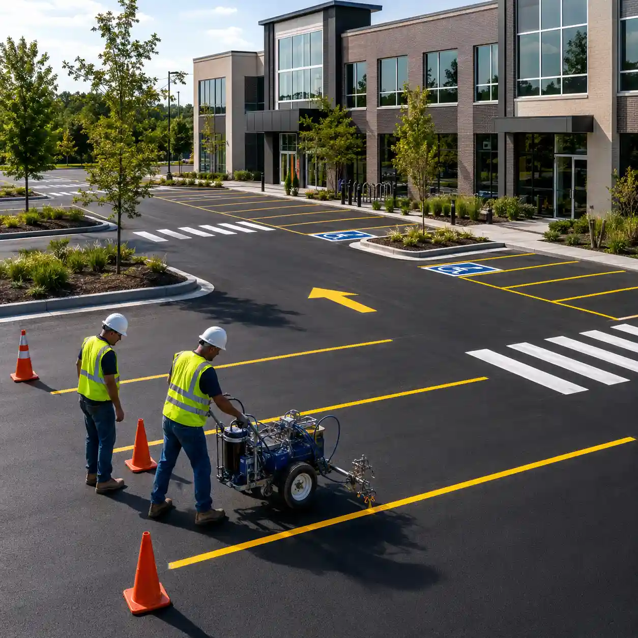 Easy Line Marking crew striping a commercial parking lot
