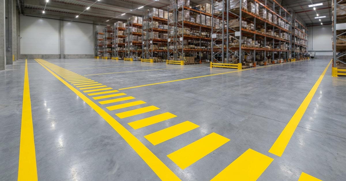 Warehouse floor safety line markings for aisle and forklift zones